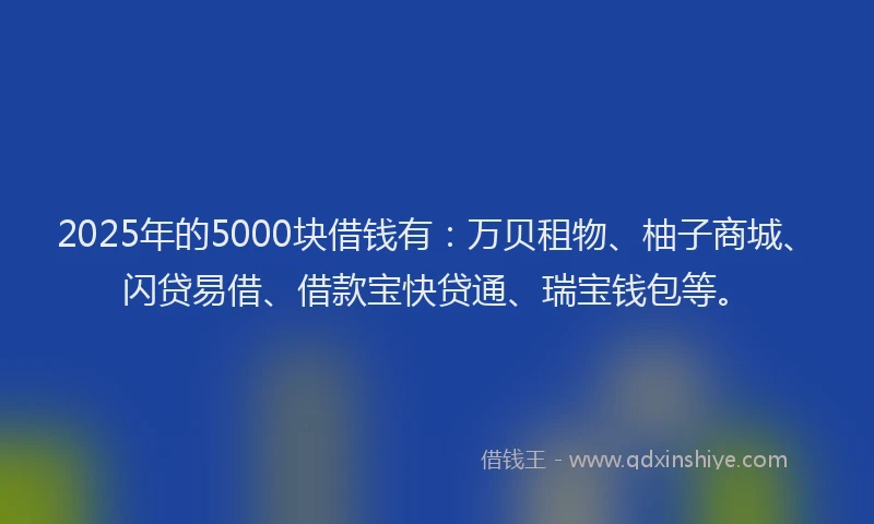 2025年的5000块借钱有：万贝租物、柚子商城、闪贷易借、借款宝快贷通、瑞宝钱包等。