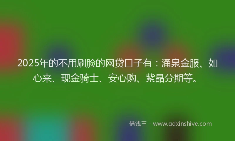 2025年的不用刷脸的网贷口子有：涌泉金服、如心来、现金骑士、安心购、紫晶分期等。