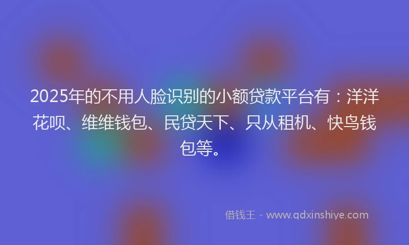 2025年的不用人脸识别的小额贷款平台有：洋洋花呗、维维钱包、民贷天下、只从租机、快鸟钱包等。