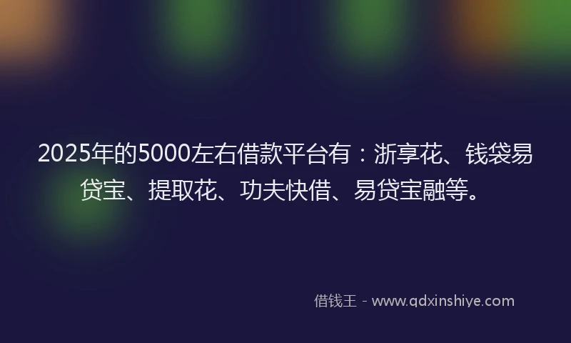2025年的5000左右借款平台有：浙享花、钱袋易贷宝、提取花、功夫快借、易贷宝融等。
