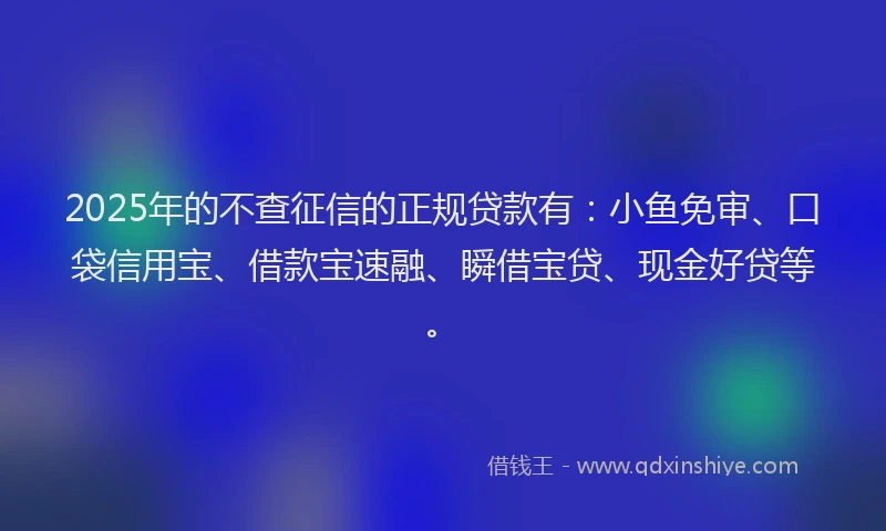 2025年的不查征信的正规贷款有：小鱼免审、口袋信用宝、借款宝速融、瞬借宝贷、现金好贷等。