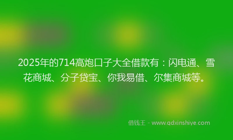2025年的714高炮口子大全借款有：闪电通、雪花商城、分子贷宝、你我易借、尔集商城等。