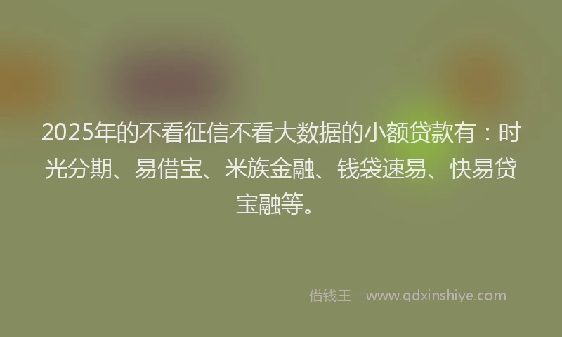 2025年的不看征信不看大数据的小额贷款有：时光分期、易借宝、米族金融、钱袋速易、快易贷宝融等。