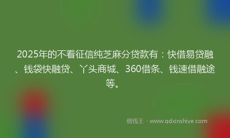 2025年的不看征信纯芝麻分贷款有：快借易贷融、钱袋快融贷、丫头商城、360借条、钱速借融途等。
