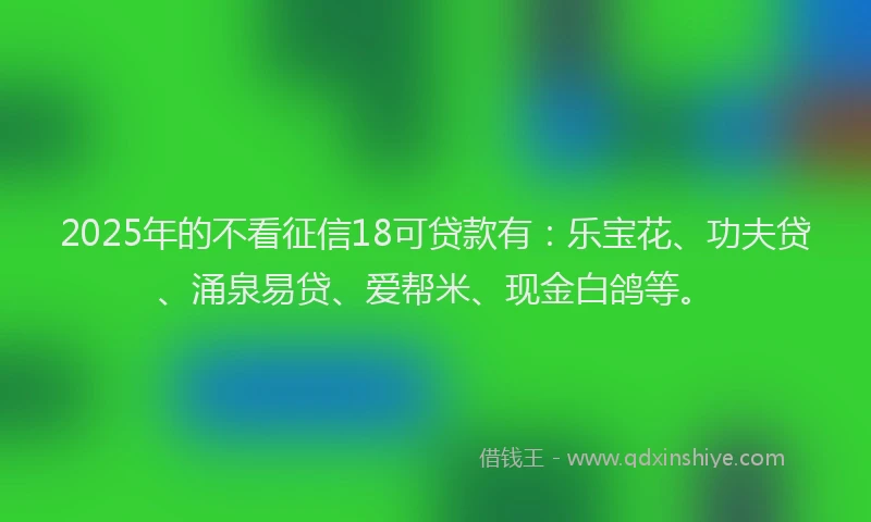 2025年的不看征信18可贷款有：乐宝花、功夫贷、涌泉易贷、爱帮米、现金白鸽等。