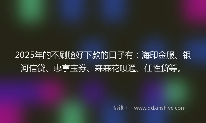 2025年的不刷脸好下款的口子有：海印金服、银河信贷、惠享宝券、森森花呗通、任性贷等。