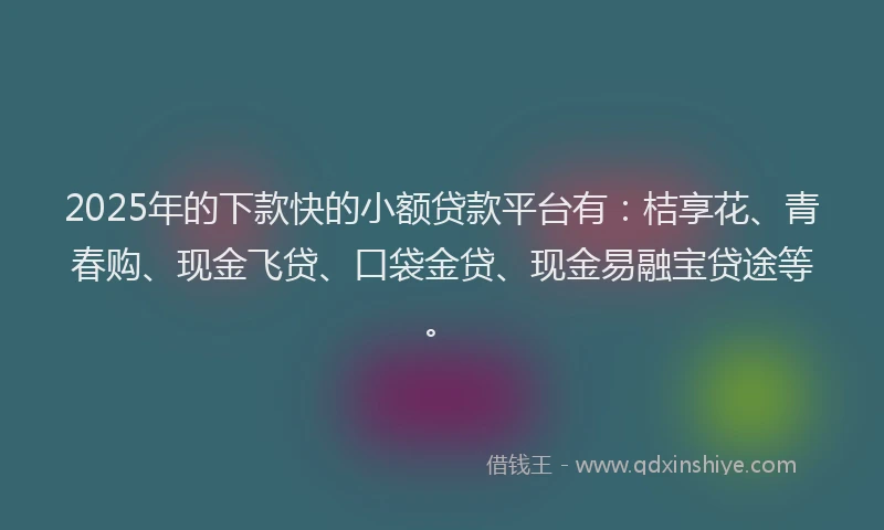 2025年的下款快的小额贷款平台有：桔享花、青春购、现金飞贷、口袋金贷、现金易融宝贷途等。