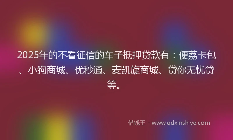 2025年的不看征信的车子抵押贷款有：便荔卡包、小狗商城、优秒通、麦凯旋商城、贷你无忧贷等。
