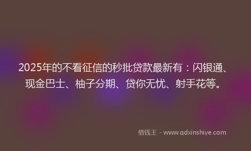 2025年的不看征信的秒批贷款最新有：闪银通、现金巴士、柚子分期、贷你无忧、射手花等。