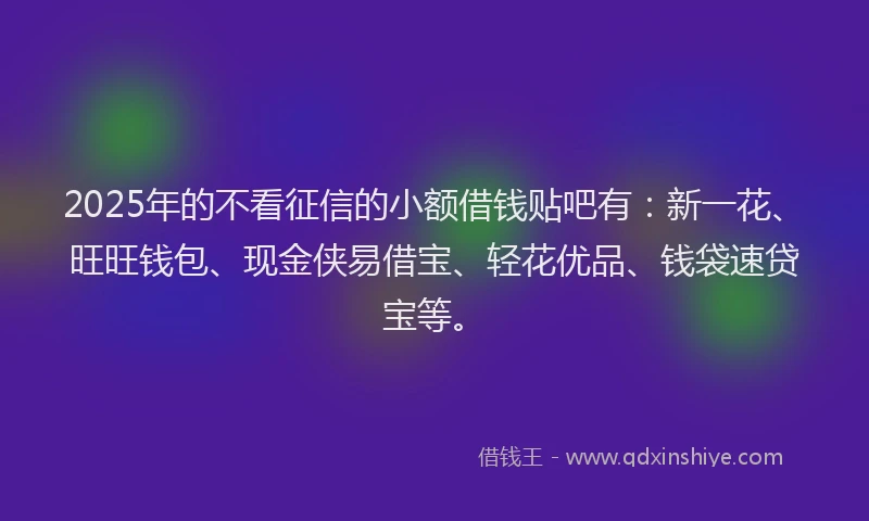2025年的不看征信的小额借钱贴吧有：新一花、旺旺钱包、现金侠易借宝、轻花优品、钱袋速贷宝等。
