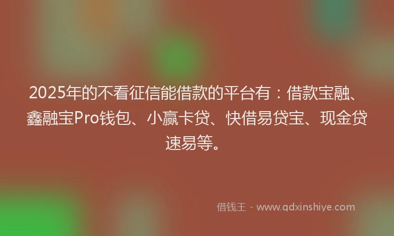 2025年的不看征信能借款的平台有：借款宝融、鑫融宝Pro钱包、小赢卡贷、快借易贷宝、现金贷速易等。