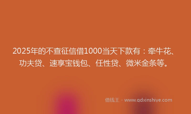 2025年的不查征信借1000当天下款有：牵牛花、功夫贷、速享宝钱包、任性贷、微米金条等。