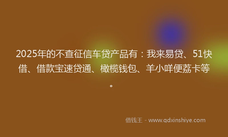 2025年的不查征信车贷产品有：我来易贷、51快借、借款宝速贷通、橄榄钱包、羊小咩便荔卡等。