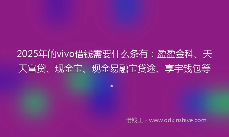 2025年的vivo借钱需要什么条有：盈盈金科、天天富贷、现金宝、现金易融宝贷途、享宇钱包等。