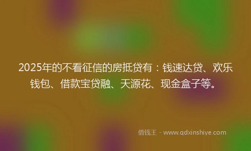 2025年的不看征信的房抵贷有：钱速达贷、欢乐钱包、借款宝贷融、天源花、现金盒子等。