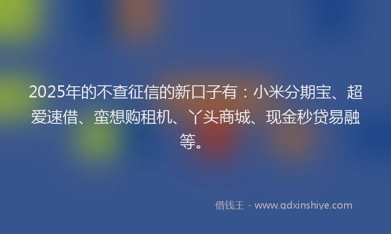 2025年的不查征信的新口子有：小米分期宝、超爱速借、蛮想购租机、丫头商城、现金秒贷易融等。