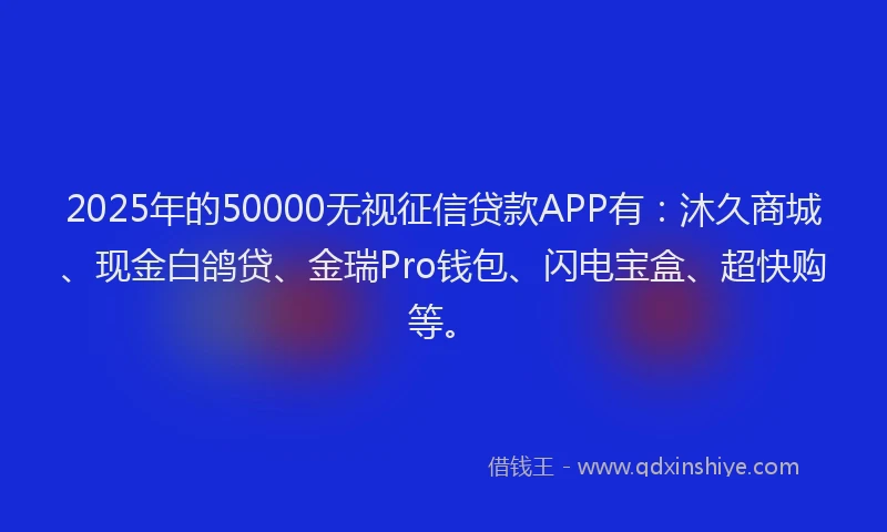 2025年的50000无视征信贷款APP有：沐久商城、现金白鸽贷、金瑞Pro钱包、闪电宝盒、超快购等。