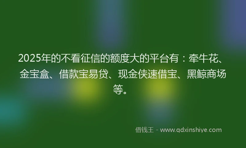 2025年的不看征信的额度大的平台有：牵牛花、金宝盒、借款宝易贷、现金侠速借宝、黑鲸商场等。