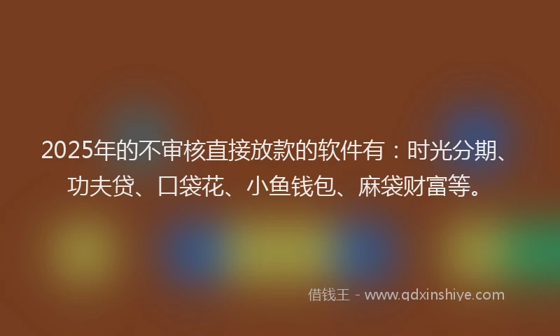 2025年的不审核直接放款的软件有：时光分期、功夫贷、口袋花、小鱼钱包、麻袋财富等。