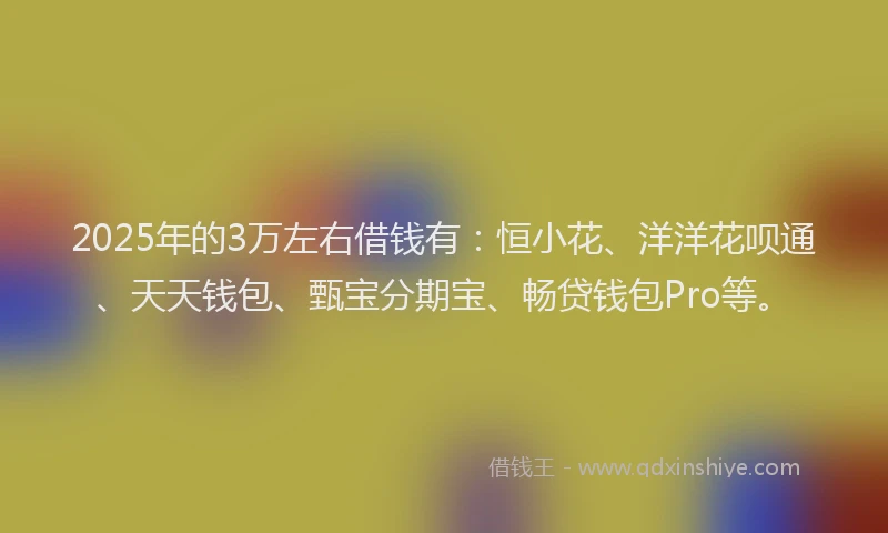2025年的3万左右借钱有：恒小花、洋洋花呗通、天天钱包、甄宝分期宝、畅贷钱包Pro等。