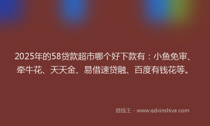 2025年的58贷款超市哪个好下款有：小鱼免审、牵牛花、天天金、易借速贷融、百度有钱花等。