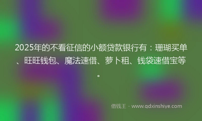 2025年的不看征信的小额贷款银行有：珊瑚买单、旺旺钱包、魔法速借、萝卜租、钱袋速借宝等。