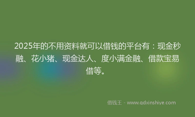 2025年的不用资料就可以借钱的平台有：现金秒融、花小猪、现金达人、度小满金融、借款宝易借等。