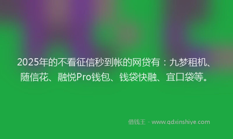 2025年的不看征信秒到帐的网贷有：九梦租机、随信花、融悦Pro钱包、钱袋快融、宜口袋等。