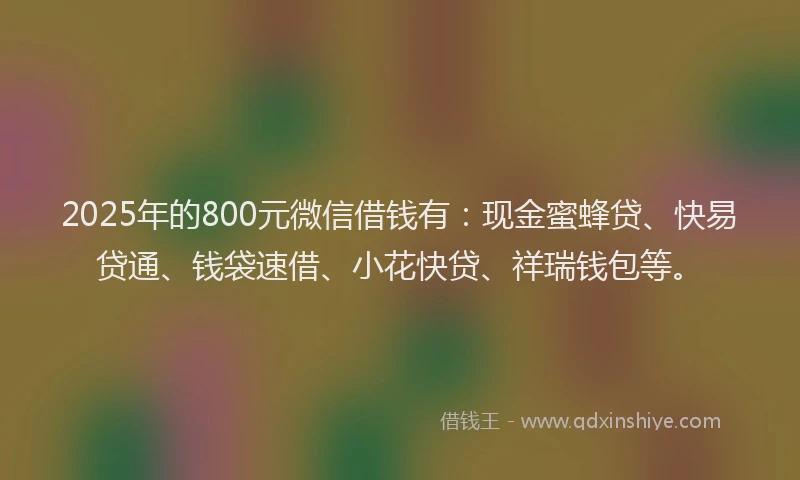 2025年的800元微信借钱有：现金蜜蜂贷、快易贷通、钱袋速借、小花快贷、祥瑞钱包等。