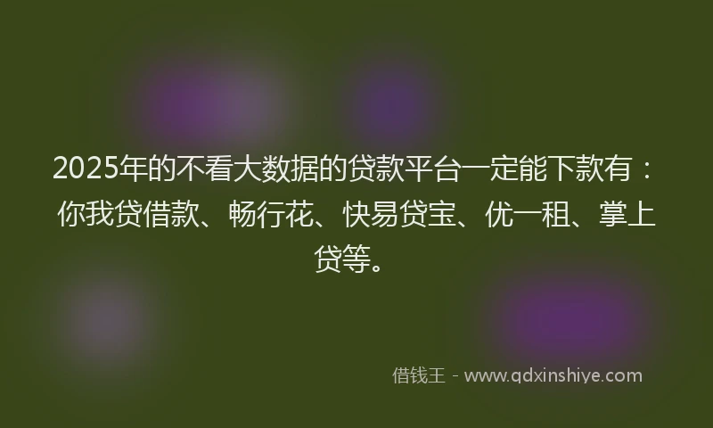 2025年的不看大数据的贷款平台一定能下款有：你我贷借款、畅行花、快易贷宝、优一租、掌上贷等。