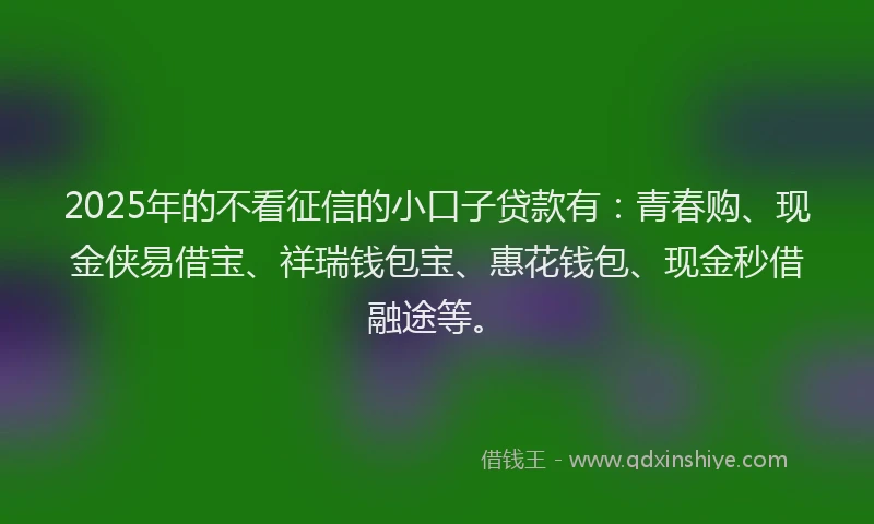 2025年的不看征信的小口子贷款有：青春购、现金侠易借宝、祥瑞钱包宝、惠花钱包、现金秒借融途等。