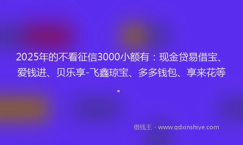 2025年的不看征信3000小额有：现金贷易借宝、爱钱进、贝乐享-飞鑫琼宝、多多钱包、享来花等。