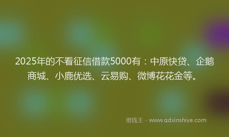 2025年的不看征信借款5000有：中原快贷、企鹅商城、小鹿优选、云易购、微博花花金等。
