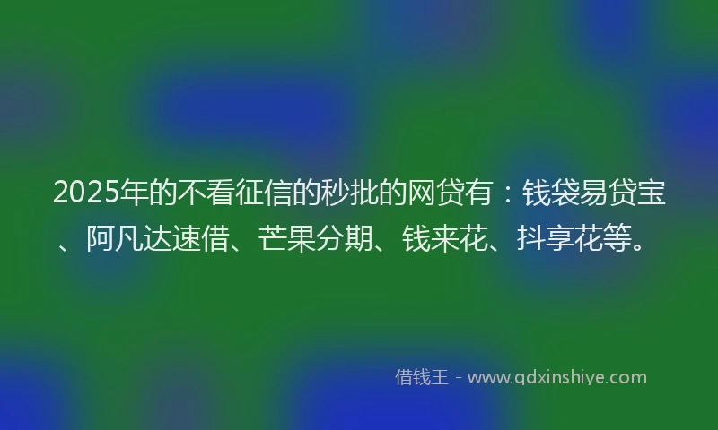 2025年的不看征信的秒批的网贷有：钱袋易贷宝、阿凡达速借、芒果分期、钱来花、抖享花等。