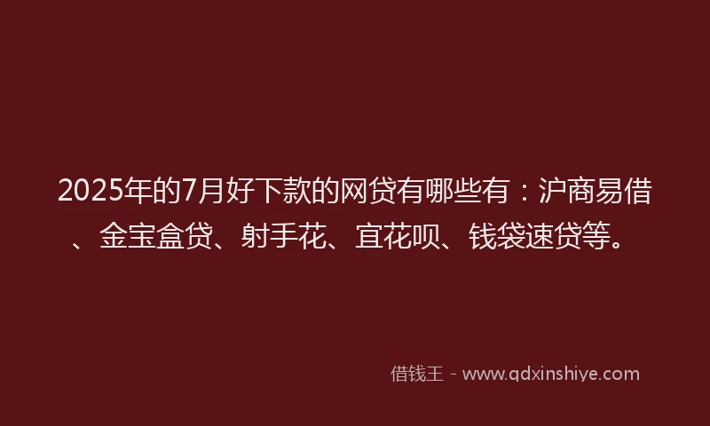 2025年的7月好下款的网贷有哪些有：沪商易借、金宝盒贷、射手花、宜花呗、钱袋速贷等。