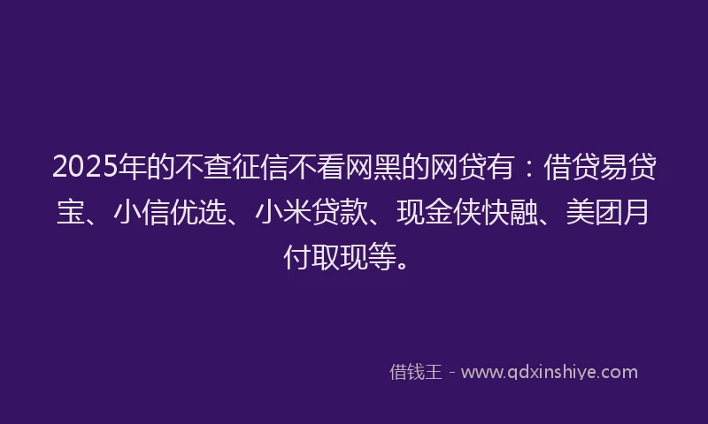 2025年的不查征信不看网黑的网贷有：借贷易贷宝、小信优选、小米贷款、现金侠快融、美团月付取现等。