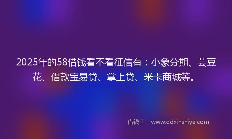 2025年的58借钱看不看征信有：小象分期、芸豆花、借款宝易贷、掌上贷、米卡商城等。