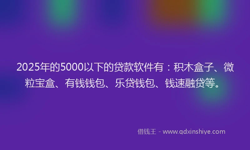 2025年的5000以下的贷款软件有：积木盒子、微粒宝盒、有钱钱包、乐贷钱包、钱速融贷等。