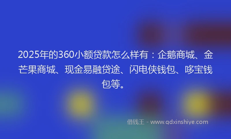 2025年的360小额贷款怎么样有：企鹅商城、金芒果商城、现金易融贷途、闪电侠钱包、哆宝钱包等。