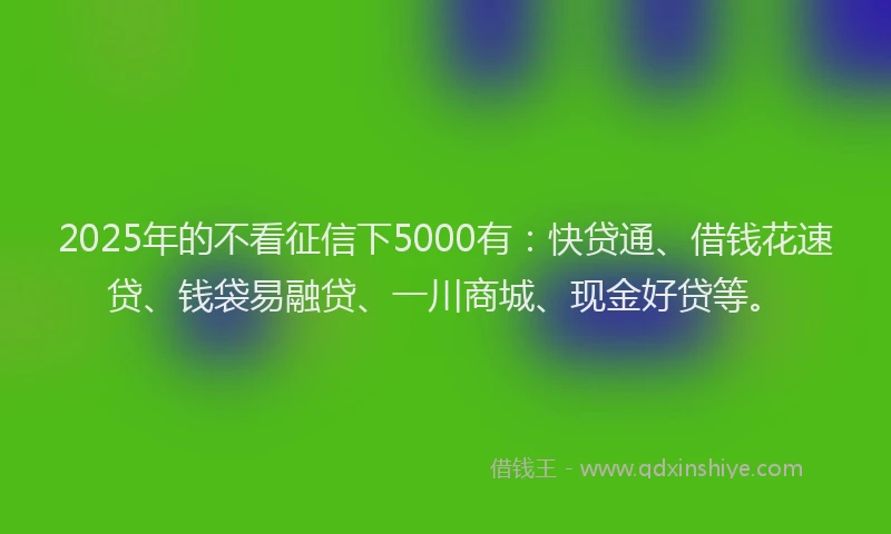 2025年的不看征信下5000有：快贷通、借钱花速贷、钱袋易融贷、一川商城、现金好贷等。