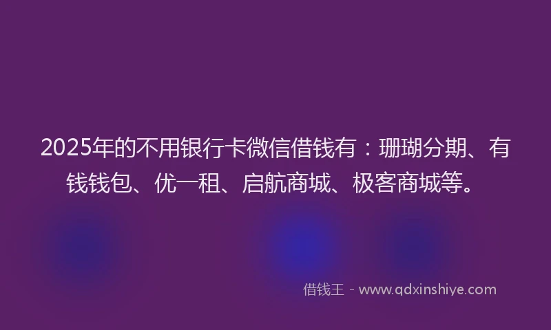 2025年的不用银行卡微信借钱有：珊瑚分期、有钱钱包、优一租、启航商城、极客商城等。