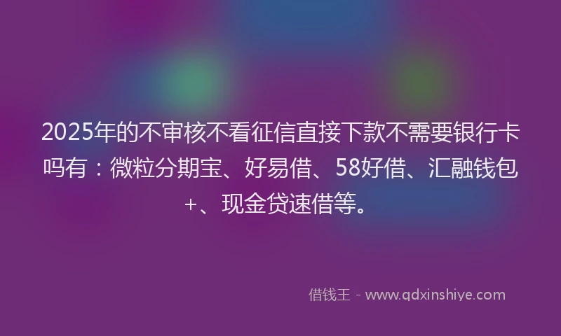 2025年的不审核不看征信直接下款不需要银行卡吗有：微粒分期宝、好易借、58好借、汇融钱包+、现金贷速借等。