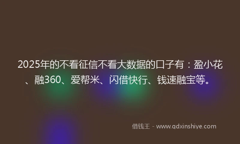 2025年的不看征信不看大数据的口子有：盈小花、融360、爱帮米、闪借快行、钱速融宝等。