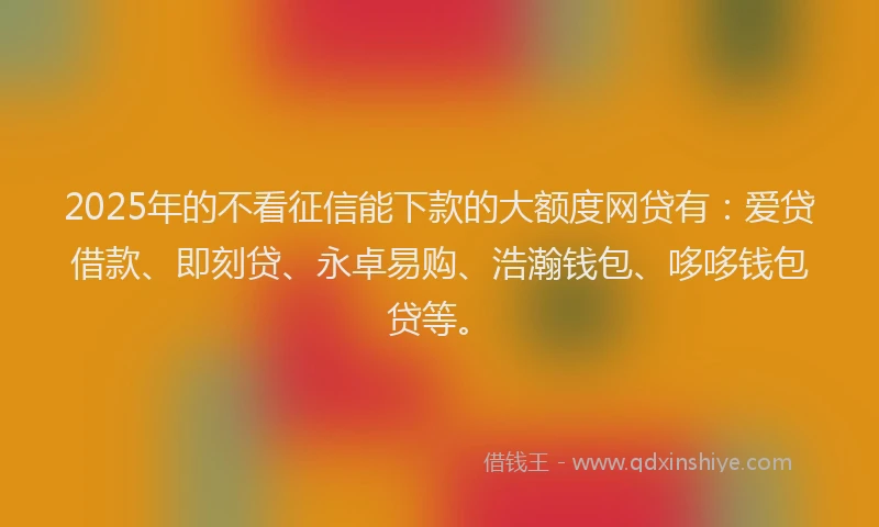 2025年的不看征信能下款的大额度网贷有：爱贷借款、即刻贷、永卓易购、浩瀚钱包、哆哆钱包贷等。