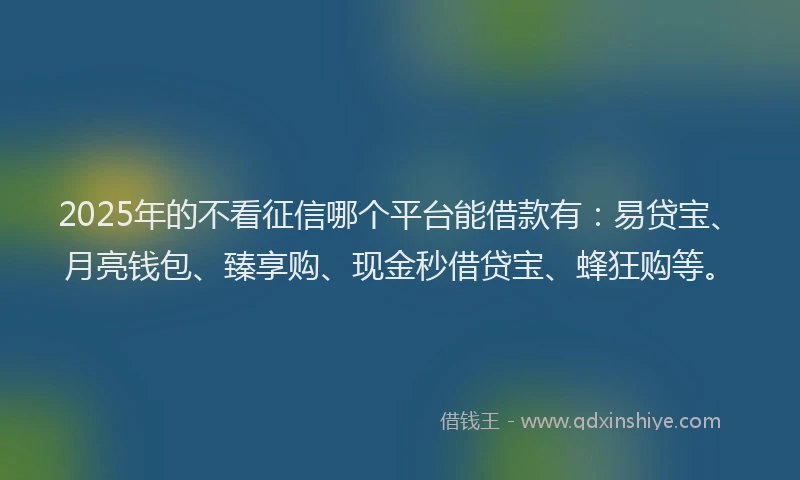 2025年的不看征信哪个平台能借款有：易贷宝、月亮钱包、臻享购、现金秒借贷宝、蜂狂购等。