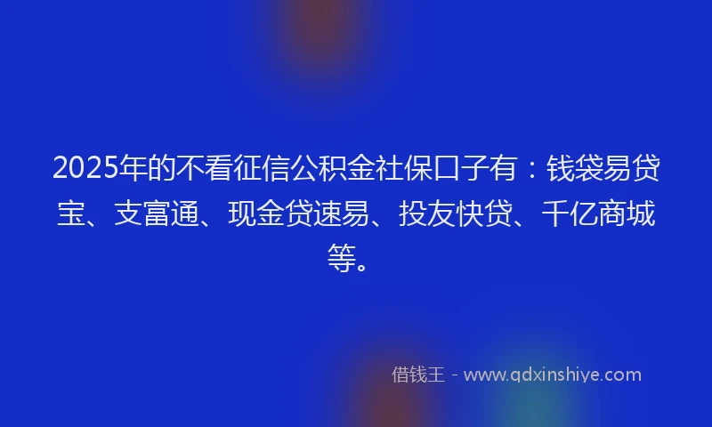 2025年的不看征信公积金社保口子有：钱袋易贷宝、支富通、现金贷速易、投友快贷、千亿商城等。