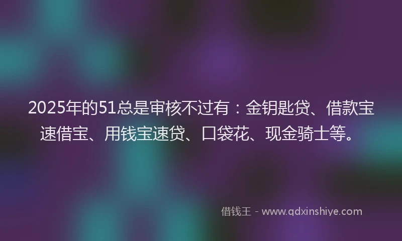 2025年的51总是审核不过有：金钥匙贷、借款宝速借宝、用钱宝速贷、口袋花、现金骑士等。