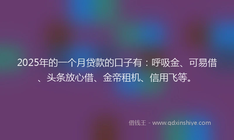 2025年的一个月贷款的口子有：呼吸金、可易借、头条放心借、金帝租机、信用飞等。
