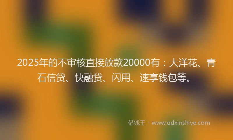 2025年的不审核直接放款20000有：大洋花、青石信贷、快融贷、闪用、速享钱包等。