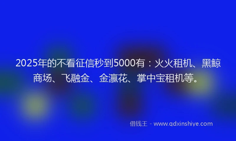2025年的不看征信秒到5000有：火火租机、黑鲸商场、飞融金、金瀛花、掌中宝租机等。